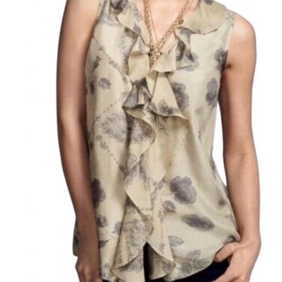 CAbi Tranquil Floral Ruffle Button Down 100% Silk Sleeveless Tank Women's Medium - Picture 1 of 9